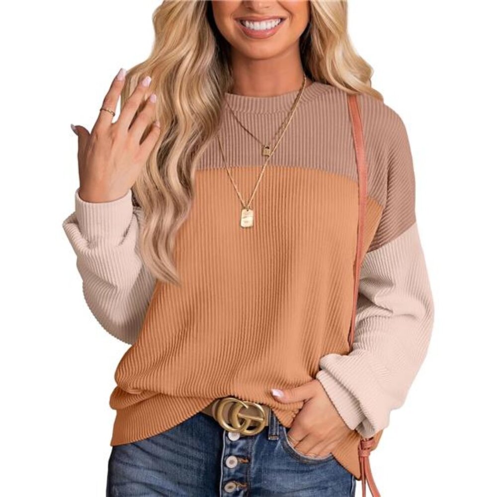 Long Sleeve Crewneck Knitted Ribbed Shirts Tunic Tops Casual Loose